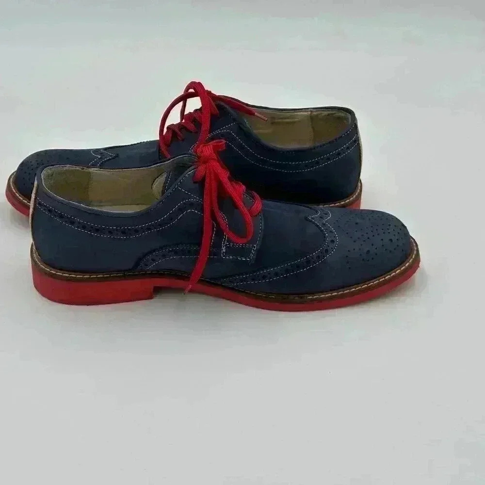 Custom Made Blue Suede Wingtip Men’s Shoes with Red Soles & Laces | Size 9 - Picture 6 of 10